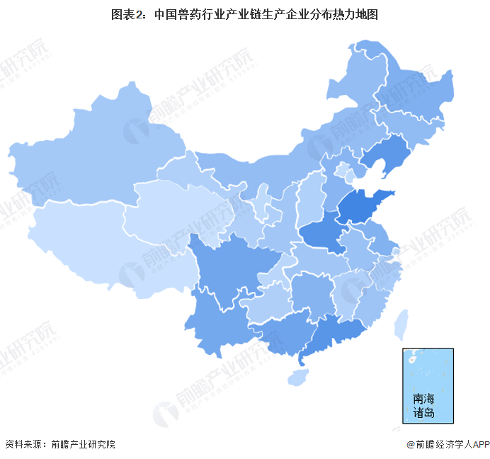 图表2：中国兽药行业产业链生产企业分布热力地图